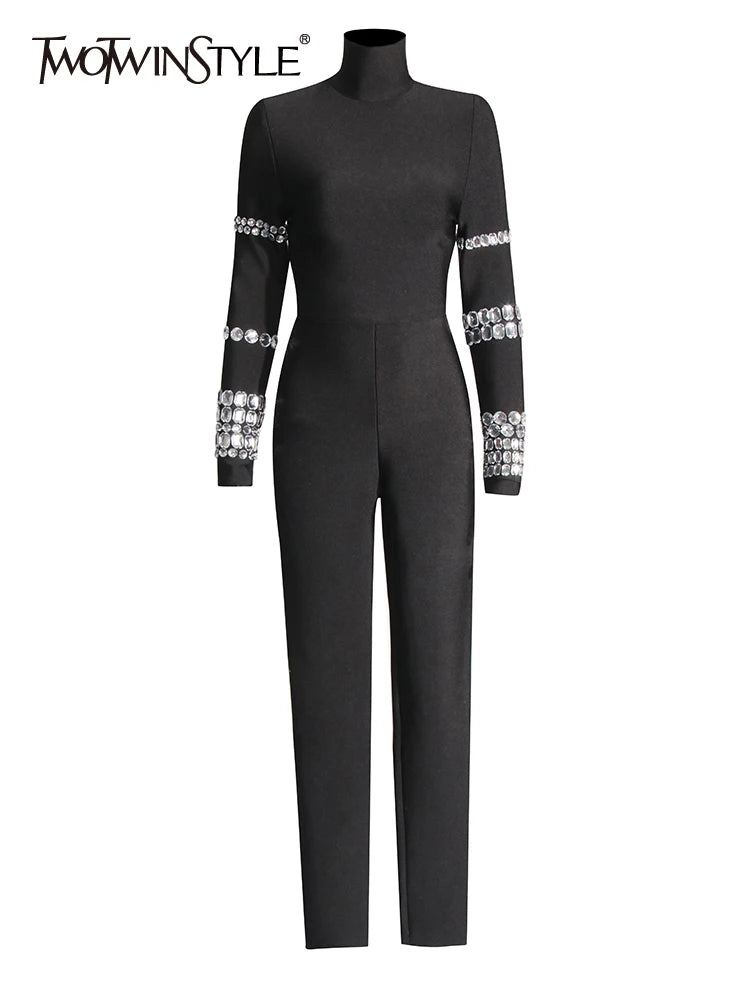 TWOTWINSTYLE Patchwork Diamonds Slimming Jumpsuit For Women Turtleneck Long Sleeve High Waist Chic Jumpsuits Female Fashion New