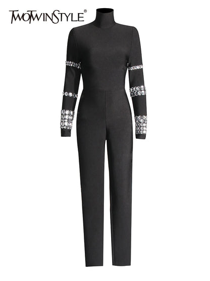 TWOTWINSTYLE Patchwork Diamonds Slimming Jumpsuit For Women Turtleneck Long Sleeve High Waist Chic Jumpsuits Female Fashion New