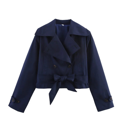SLTNX 2026 New Women's British Wind Trench Coat Style Double-breasted Long Sleeve Belt Lapel Jacket Short Coat