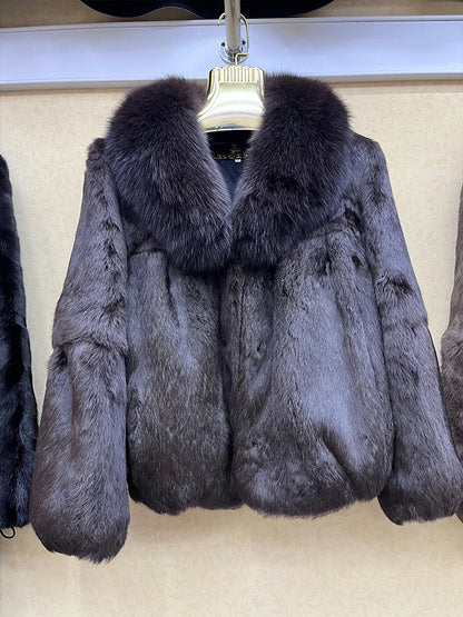 Fashion 100% Real Rabbit Fur Coat With Luxury Natural Fox Fur Collar Jacket Genuine Full Pelt Whole Rabbit Fur Overcoat