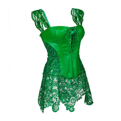 Women's Steampunk Gothic Overbust Corset Dress Lace Up Zipper Back Punk Faux Leather Bustier Lingerie Plus Size