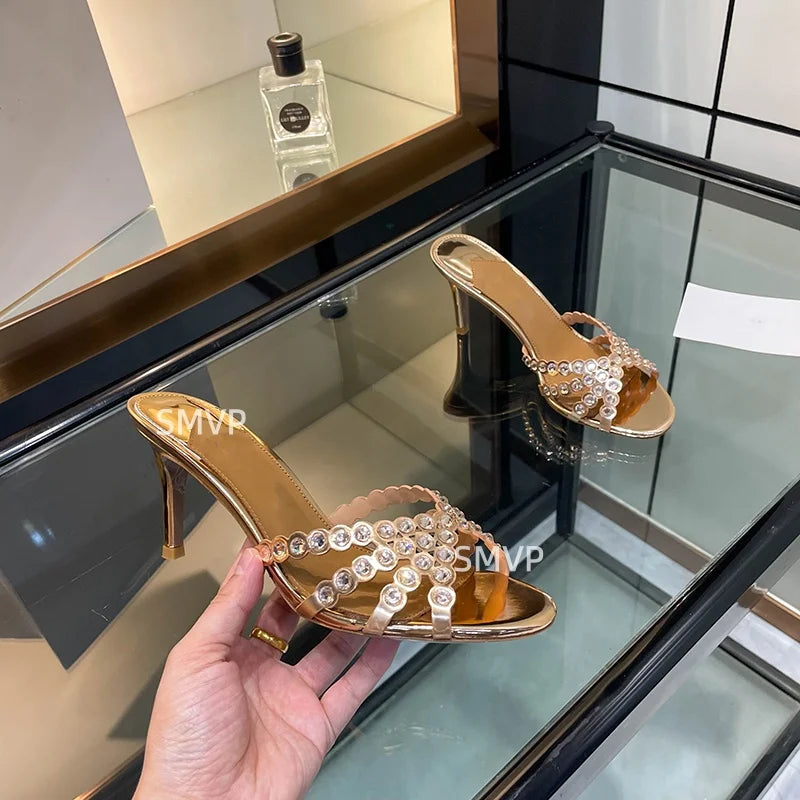 Summer 2026 Women's Pink Crystal High Heels Diamond-Encrusted Slim Heel Sandals for Outdoor Weddings Parties Fashionable Ladies'