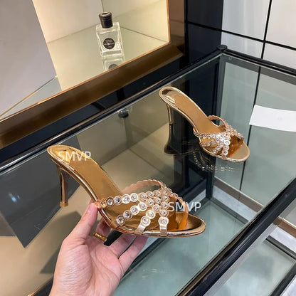 Summer 2026 Women's Pink Crystal High Heels Diamond-Encrusted Slim Heel Sandals for Outdoor Weddings Parties Fashionable Ladies'