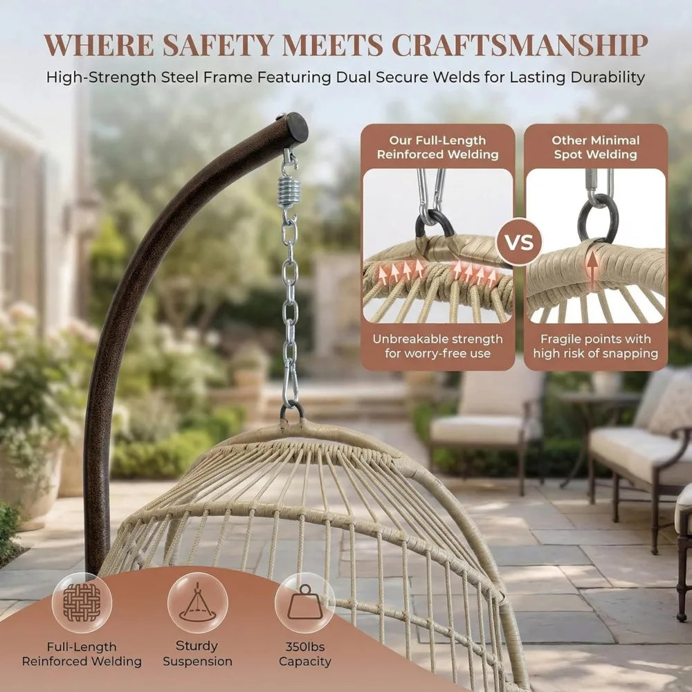 Hanging Egg Chair with Stand Indoor Outdoor, Wicker Patio Swing Seat Cushion, 350lbs Sturdy Hammock for Deck Balcony