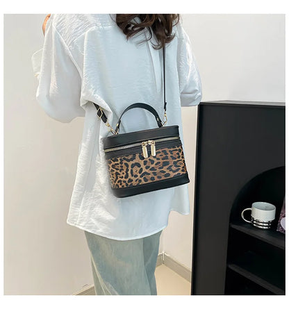 Fashion Round Bucket Bags For Women's Daily Used, Leopard Pattern Crossbody Shoulder Bag For Commuting, Casual Ladies Handbags