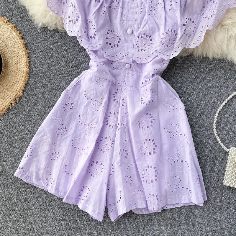 Sexy Slash Neck Women Jumpsuits 2026 New Sweet Ruffles Hollow Solid Rompers Summer Fashion Wide Leg Short Rompers