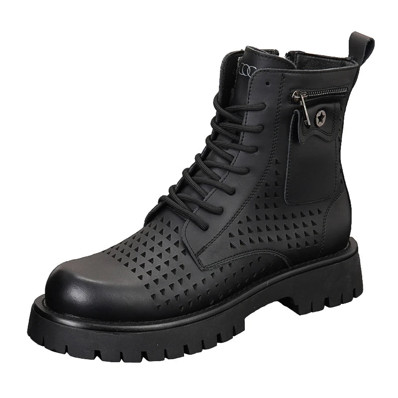 Summer Men's Hollow Ankle Boots Breathable Height-increasing Leather Motorcycle Boots Autumn Men Thick-soled High-top Shoes