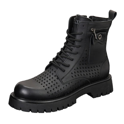Summer Men's Hollow Ankle Boots Breathable Height-increasing Leather Motorcycle Boots Autumn Men Thick-soled High-top Shoes