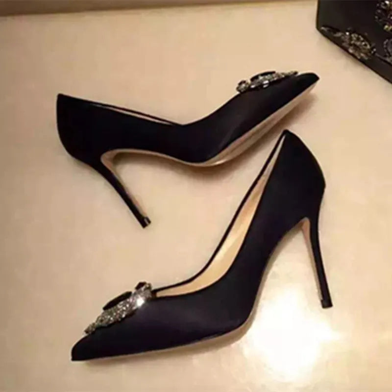 Luxury Diamond Crystal Satin Women Pumps Elegant Pointed toe Stiletto High heels Spring Autumn Fashion Wedding Banquet Shoes