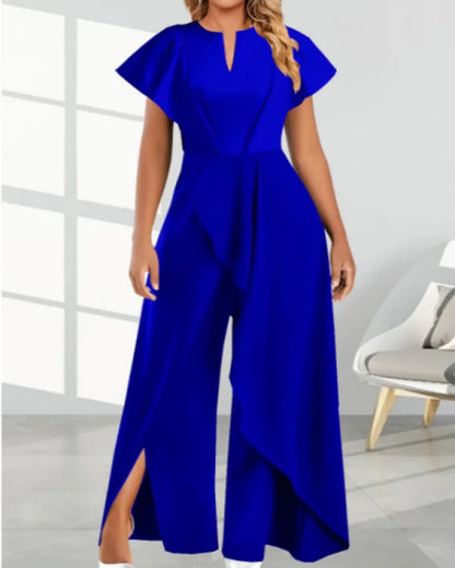 2025 Summer New Elegant Slit Irregular Wide Leg Jumpsuits Women Temperament Commuter Retro Rompers Ladies Skew Collar Jumpsuit