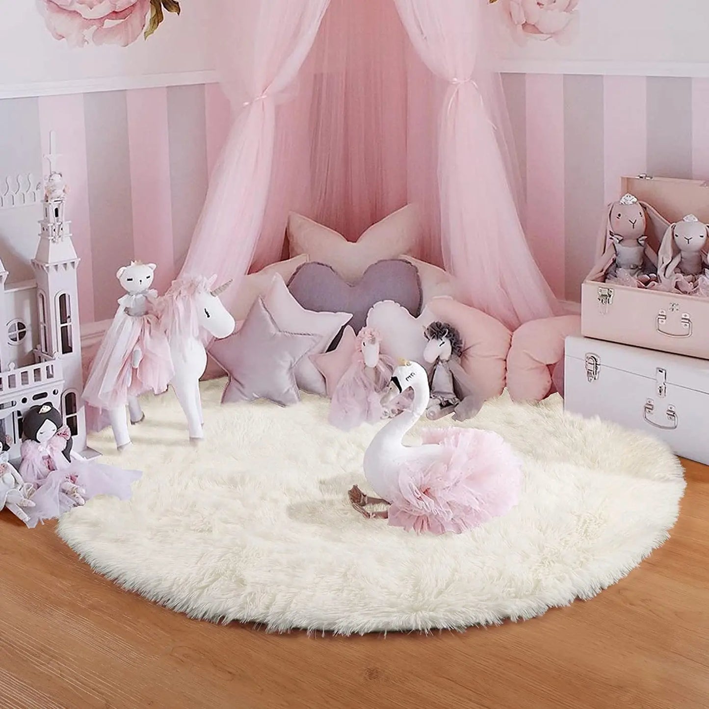 60/80/100/120/140/160 Round Rug Rainbow Fluffy Soft Area Rugs for Kids Girls Room Plush Shag Carpet Cute Circle Bedroom Decor