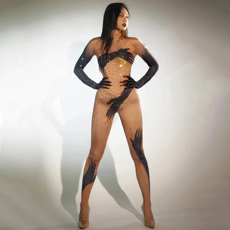 Sexy Full Diamond Long Sleeved Jumpsuit Ballroom Pole Dancer Performance Outfit Fashionable Club Suit Women's Photography