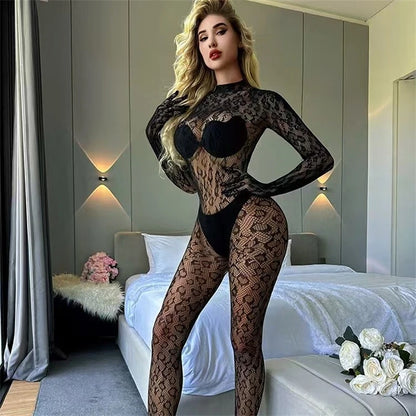 Women Sexy Leopard Hollow Out Mesh Bodystocking Fishnet Lingerie Long Sleeve See Through Bodysuit Jumpsuit Nightwear SIMPLEJEWEL