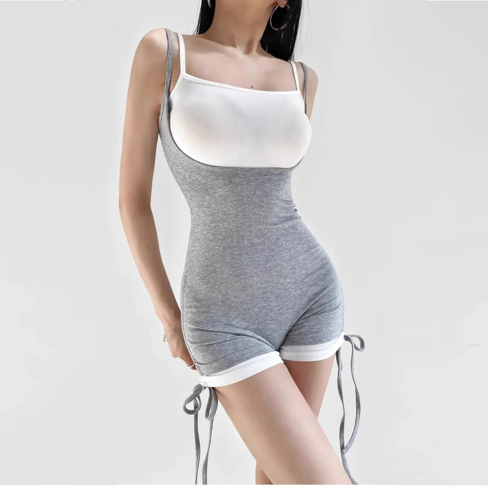 Women's Gothic Y2K Sexy Fake Two Piece Jumpsuits Korean High Street Retro Patchwork Rompers Slim Casual Fashion Females Camisole