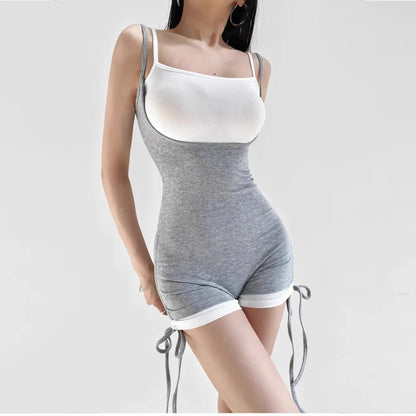 Women's Gothic Y2K Sexy Fake Two Piece Jumpsuits Korean High Street Retro Patchwork Rompers Slim Casual Fashion Females Camisole
