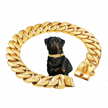 Gold Large Dog Collar 32mm Stainless Steel Metal Pet Choker for Labrador Rottweiler Cane Corso American Bully Dog Accessories