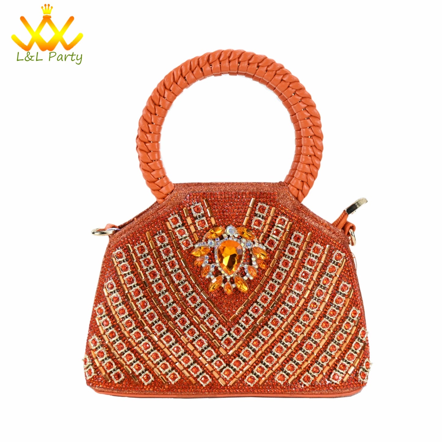 Orange Color New Arrivals Italian Design Nigerian Women Shoes and Bag Set Pointed Toe Slipper with Shinning Crystal for Party