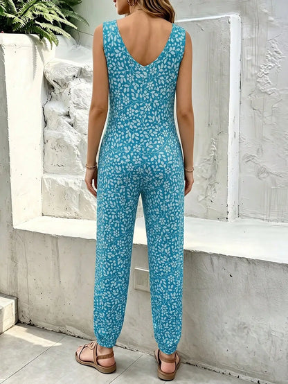 Women's Teal Leaf Print Sleeveless Jogger Jumpsuit with Pockets - Casual Scoop Neck Summer Romper,Summer Casual Outfit for women