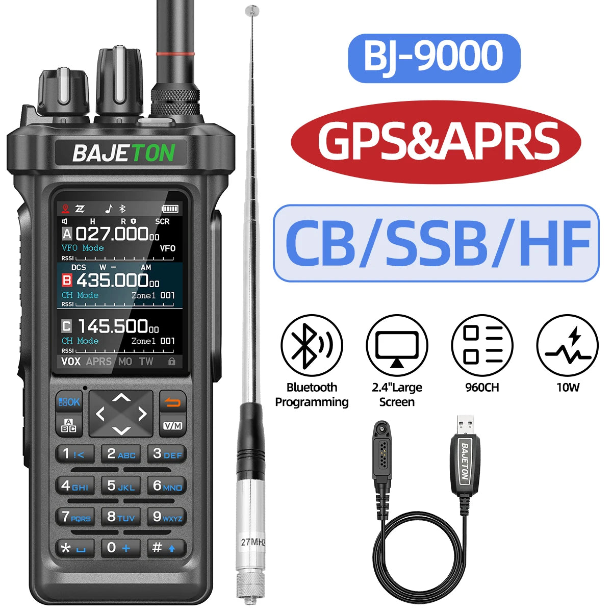 BAJETON BJ-9000 Walkie Talkie CB/SSB/RX/HF Receiver with GPS APRS 10W Bluetooth Phone Programming Same RT-950 PRO RT -950 Radio