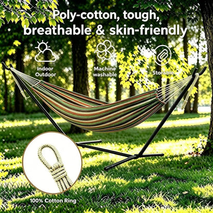 Camping 2-Person Hammock 600LBS, Portable Steel Stand Set For Outdoor Lawn Terrace, Blue & Black Stripe
