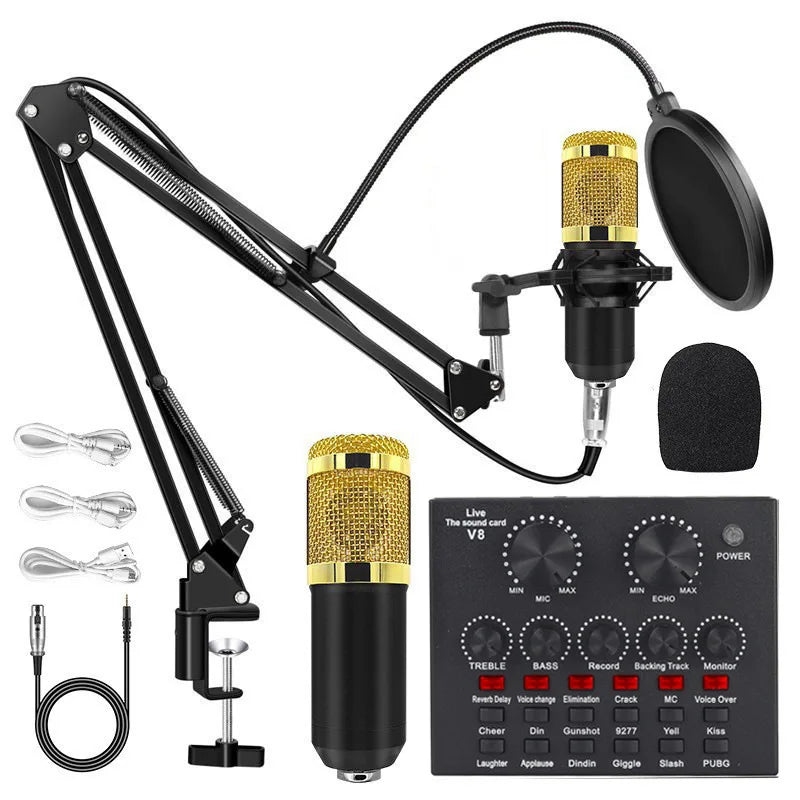 BM800 Condenser Alloy Microphone Kit Professional Sound Card Arm Bracket Set V8 Studio Mixer Live Soundcard Singing Record Mic
