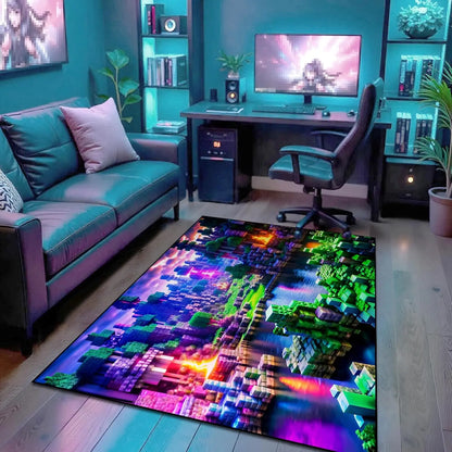 Neon Voxel World Print Area Rug, Colorful Blocky Pixel Scene Floor Mat for Gaming Room, Bedroom, Non-Slip Washable Carpet