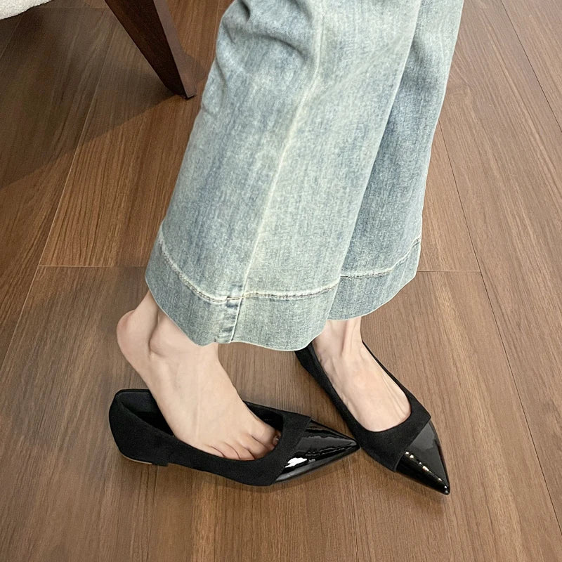 Women French Pointed Toe Flat Shoes Summer Fairy Style Patchwork Casual Shoes Elegant Shallow Footwear Matching Dresses Daily