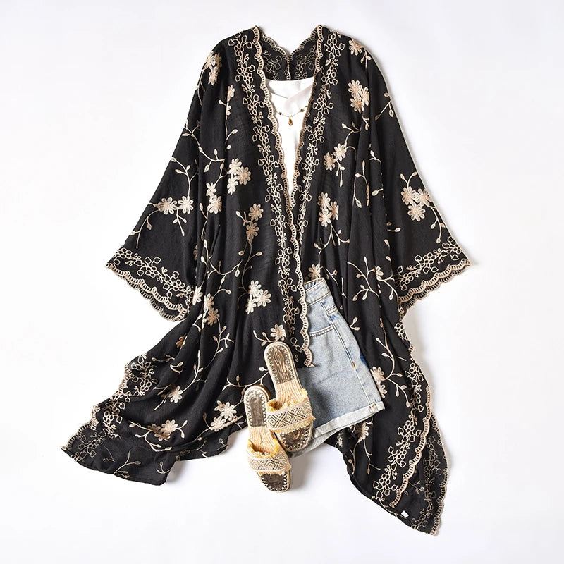 Bright Fashion Print Bohemian Long Cardigan Sweet Lady Beach Cover-Up Casual Holiday Party Kimono Maxi Stitch Boho