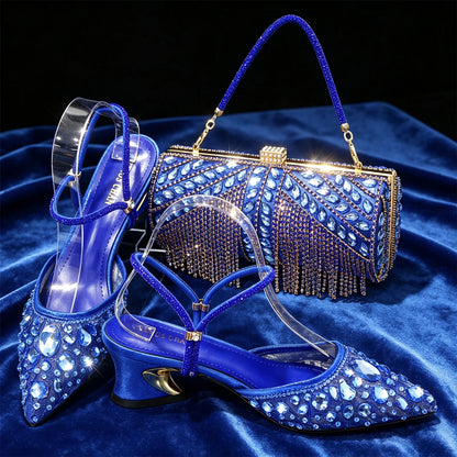 Women Purple Rhinestone Shoes Matching Bag Set Italian Design Chunky Heel Pumps Tassel Clutch Purse Nigeria Wedding Party Dress