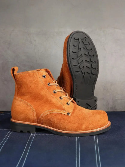 Vintage Handmade Genuine Leather Boots Male Lace Up Outside High Top Shoes Round Toe Mens Suede Cowskin Motorcycle Short Boots