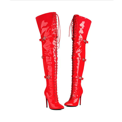Sgesvier 2025 Jazz Dance High Heels Sexy Women Over the Knee Boots Female Knight Boots Pointed Zipper Pu Thin Heel 12CM Big Size