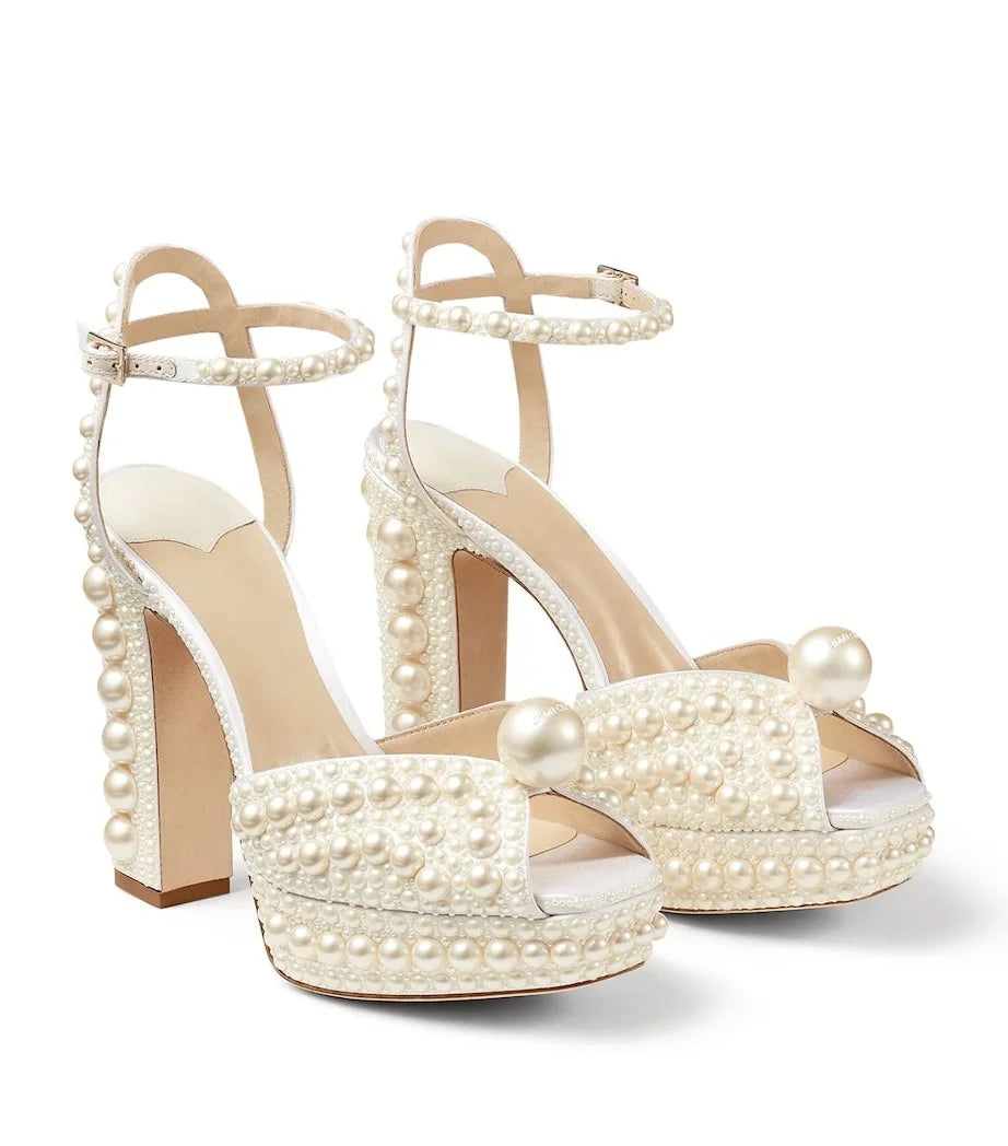 Luxury Full Pearl Platform Heeled Sandals Women White Peep Toe Ankle Strap Block Heels Elegant Bridal Shoes Wedding Prom