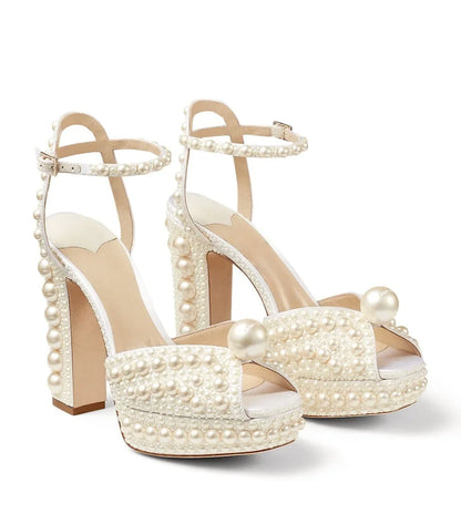 Luxury Full Pearl Platform Heeled Sandals Women White Peep Toe Ankle Strap Block Heels Elegant Bridal Shoes Wedding Prom