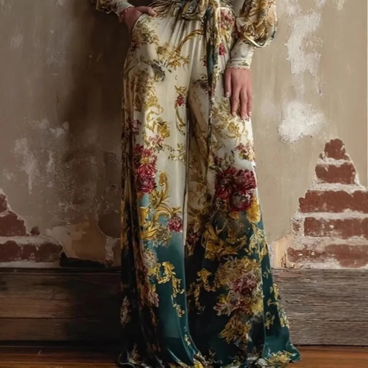Women's Vintage Print Jumpsuits Fashion Sexy V-neck High Waist Leace-up Wide Legs Jumpsuit Lady Commuting Clothing 2026 New