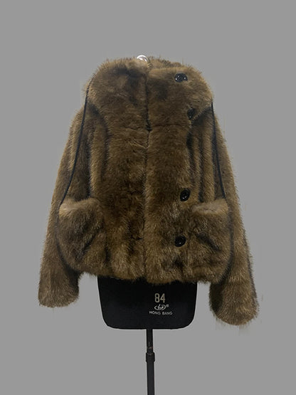 Nerazzurri Winter Short Oversized Thick Warm Shaggy Fuzzy Faux Fox Fur Coat Women Pockets Single Breasted Fluffy Hooded Jacket