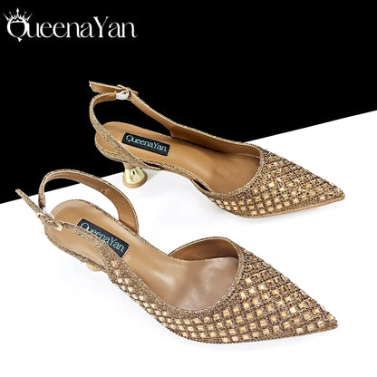 Queena Yan 2026 Italian Design Rhinestone Luxury Navy Blue Pointed Toe Shoe & Bag Set Women High Heels for Parties High Quality