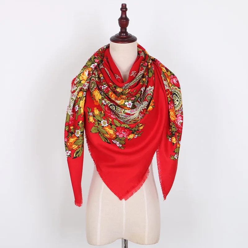 Russian Women Big Size Square Scarf Luxury Floral Print Bandana Wraps Female Retro Short Tassel National Shawl
