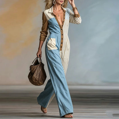 Fashion Lapel Long Sleeve Jumpsuit Elegant Color Blocked Pocket Rompers Autumn New Women's High Waist Commute Playsuits Overalls