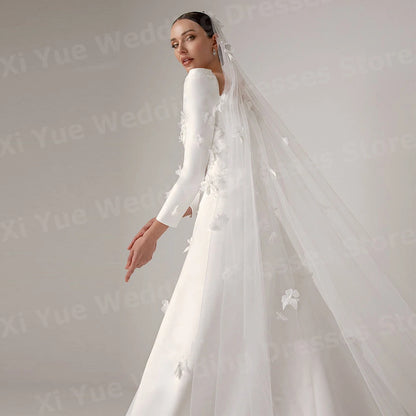 Luxurious A Line Women's Wedding Dresses Long Sleeve Vestidos De Novia Bride Gowns Customized Square Neck Flowers Vestidos Boda