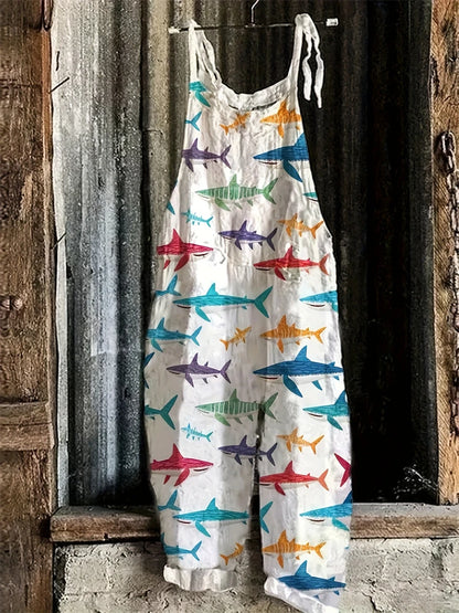 Retro Ladies Fish Print Fashion Suspender Jumpsuit Summer Outdoor Bottom Leisure Suspender Pants Casual Loose Trousers