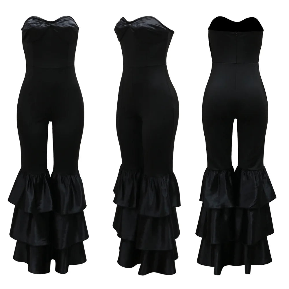 Jumpsuits Strapless Women Sleeveless Sexy Rompers One Piece Overalls Slim Fit Long Pant Ruffles Patchwork Elegant Lady