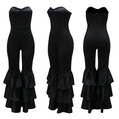 Jumpsuits Strapless Women Sleeveless Sexy Rompers One Piece Overalls Slim Fit Long Pant Ruffles Patchwork Elegant Lady