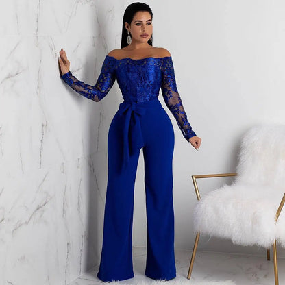 Womens Elegant Off Shoulder Long Pants Wide Leg Jumpsuits Floral Embroidery Lace See Through Cocktail Club Party Evening Rompers