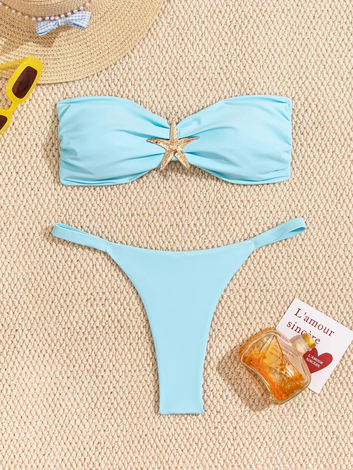 Sexy Bandeau Bikini Set 2026 Women Sky Blue Starfish Ornament Push Up Thong Swimsuit Brazilian Beach Bathing Suit Micro Swimwear