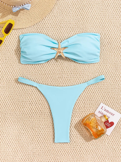 Sexy Bandeau Bikini Set 2026 Women Sky Blue Starfish Ornament Push Up Thong Swimsuit Brazilian Beach Bathing Suit Micro Swimwear