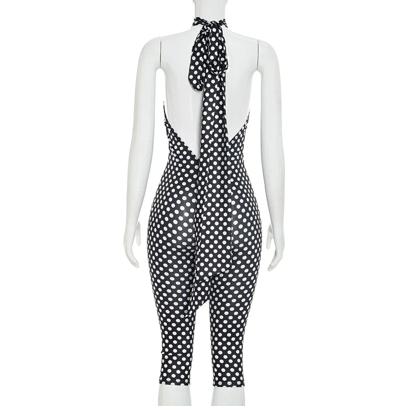 Polka dot print neck strap, big backless, tight fitting and slimming seven part jumpsuit