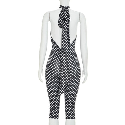 Polka dot print neck strap, big backless, tight fitting and slimming seven part jumpsuit