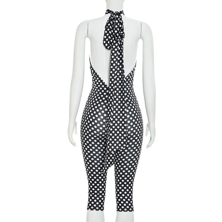 Polka dot print neck strap, big backless, tight fitting and slimming seven part jumpsuit
