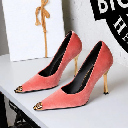 Women Peach Pink Velvet Metal Capped Pointed Toe Pumps Gold Trapezoid Thin High Heels Gentle Retro Luxury Date Banquet Ladies