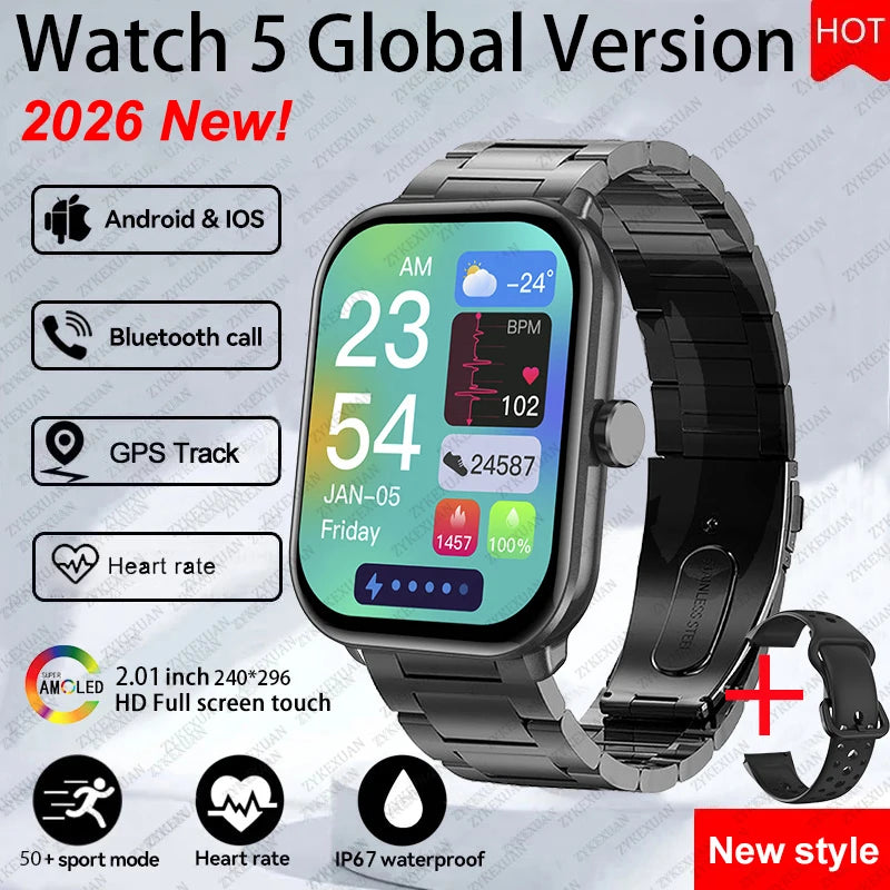 New Watch 5 Sports Smart Watch Men Women 2.01" AMOLED Screen Fitness Tracker Heart Rate ECG Waterproof GPS Track Call Smartwatch
